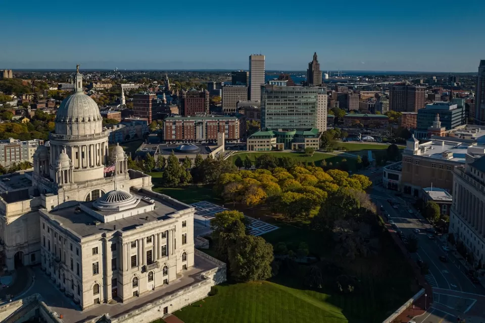 Aerial view of Rhode Island state capitol in Providence, Rhode Island.